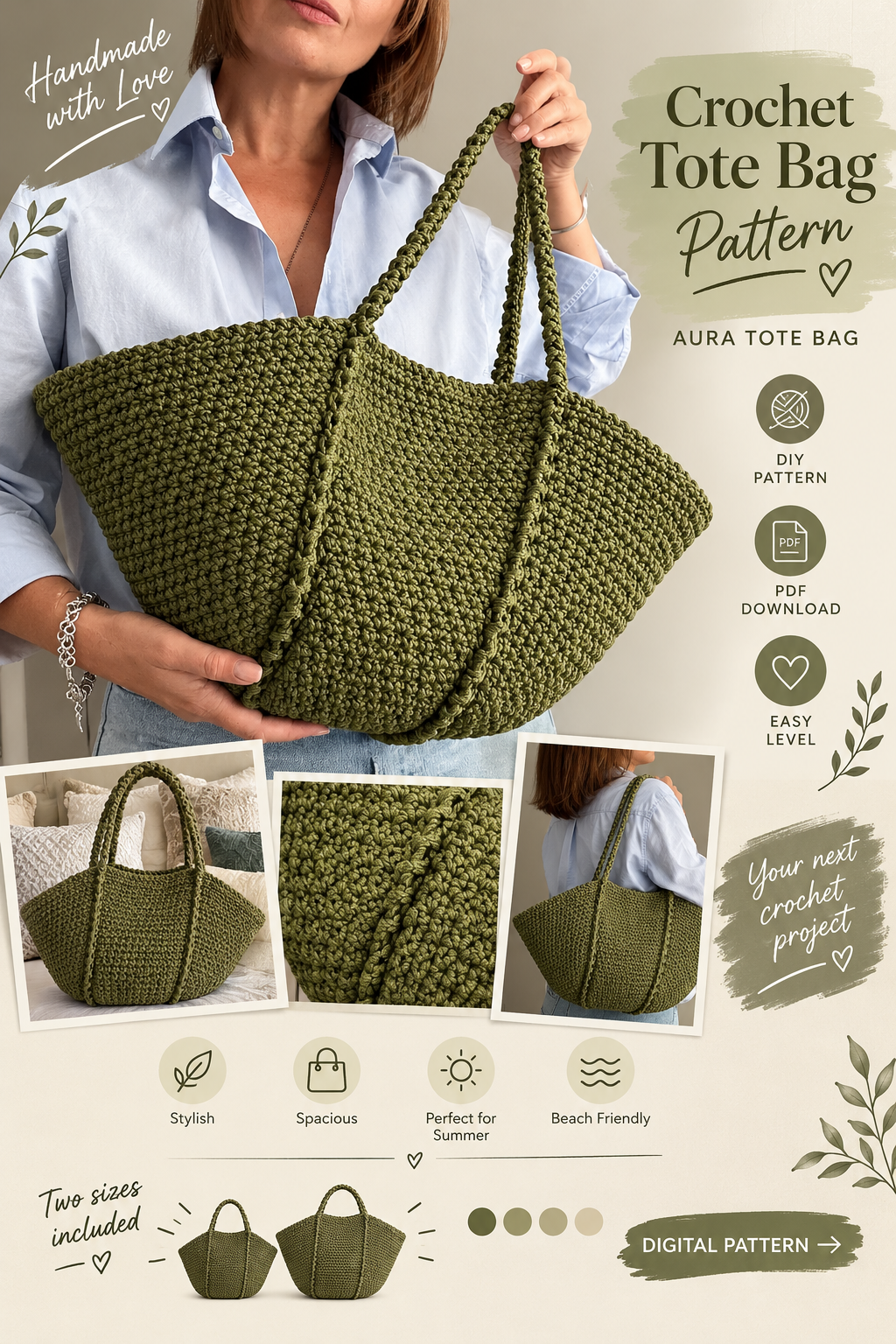 Aura crochet tote bag pattern: oversized textured hobo bag in super bulky macrame cord
